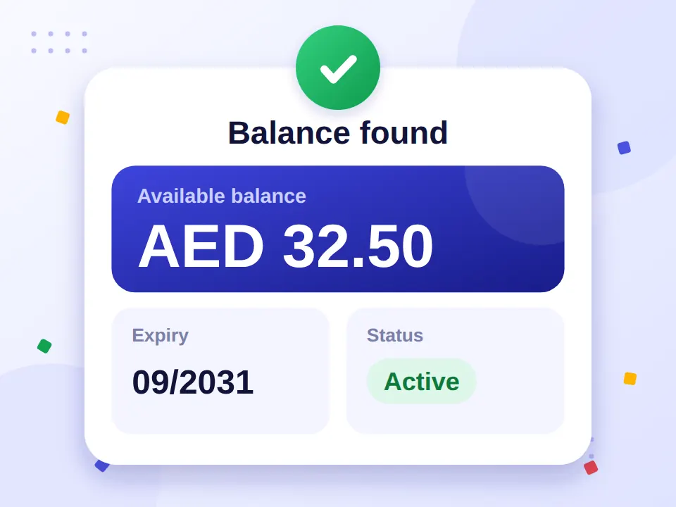 Home 9 Result screen showing available balance, expiry and card status